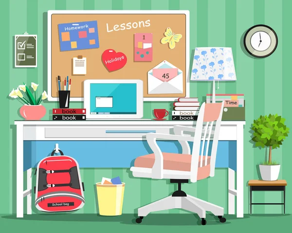 Cool habitación adolescente moderna con lugar de trabajo: mesa, silla, tablero, lámpara, bolso de la escuela, ordenador portátil, papelería y libros. Ilustración de vector de estilo plano — Vector de stock