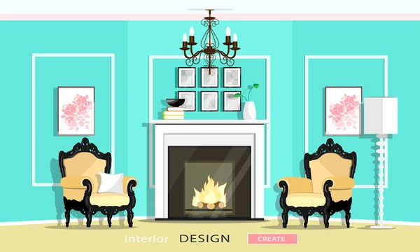 Classic Vintage Style Furniture Set in a living room: fireplace, armchairs, chandelier, lamp. Flat style vector illustration — ストックベクタ