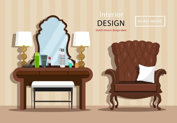 Tocador vintage con espejo y cosméticos para una mujer, pequeña silla y sillón en el interior de la casa. Ilustración de vector de estilo plano — Vector de stock