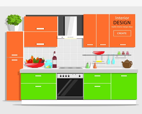 Moderne grafische keuken interieur. Kleurrijke keuken met meubilair. Vlakke stijl keuken en huis toestellen. Vectorillustratie. — Stockvector