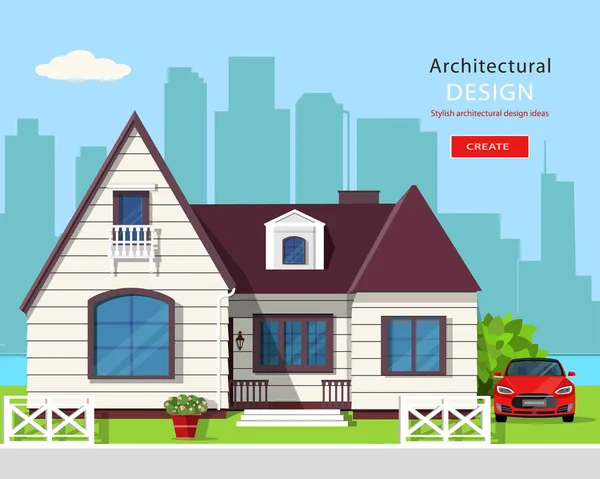 Diseño arquitectónico gráfico moderno. Conjunto colorido: casa, coche, patio, flores y árboles. Ilustración de vector de estilo plano . — Archivo Imágenes Vectoriales