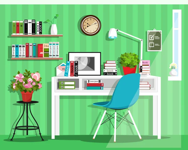 Modern graphic home office interior design. Flat style vector set: desk, chair, lamp, shelves, clock, flowerpots. — Stock Vector