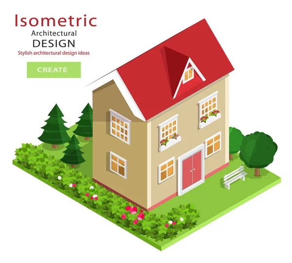 Moderno edificio isométrico detallado colorido aislado. Gráfico 3d casa vectorial isométrica con patio verde . — Vector de stock