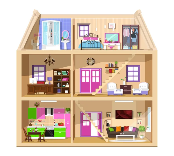Moderne graphique mignon maison en coupe. Détail intérieur de la maison vectorielle colorée. Chambres élégantes avec mobilier. Maison à l'intérieur isolé . — Image vectorielle