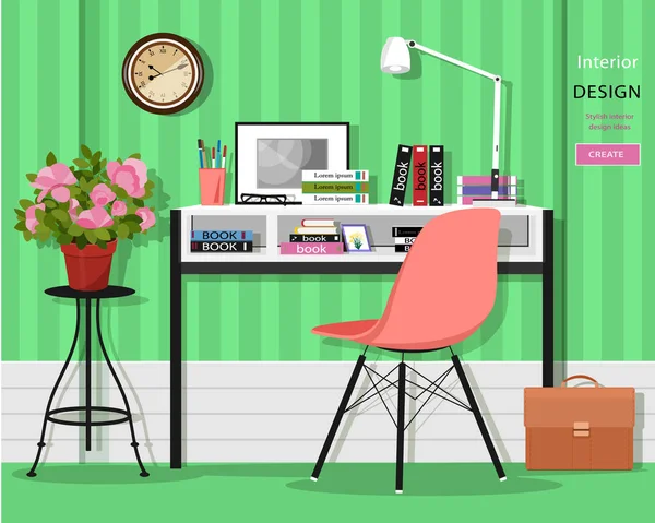 Lindo hogar grahic oficina interior con escritorio, silla, lámpara, libros, bolsa y flores. Ilustración de vector de estilo plano — Archivo Imágenes Vectoriales