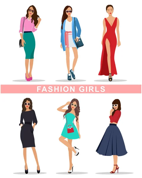 Chicas de moda con estilo con accesorios. Ropa femenina de moda. Hermosas chicas. Ilustración de vector de estilo plano . — Archivo Imágenes Vectoriales