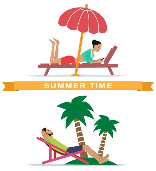 Set of young woman and man lying on sunbeds and relaxing. People resting on the beach. Flat style vector illustration. — Stock Vector