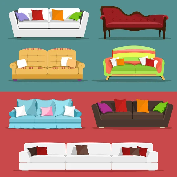 Ensemble graphique moderne d'icônes détaillées de canapé. Illustration vectorielle de style plat . — Image vectorielle
