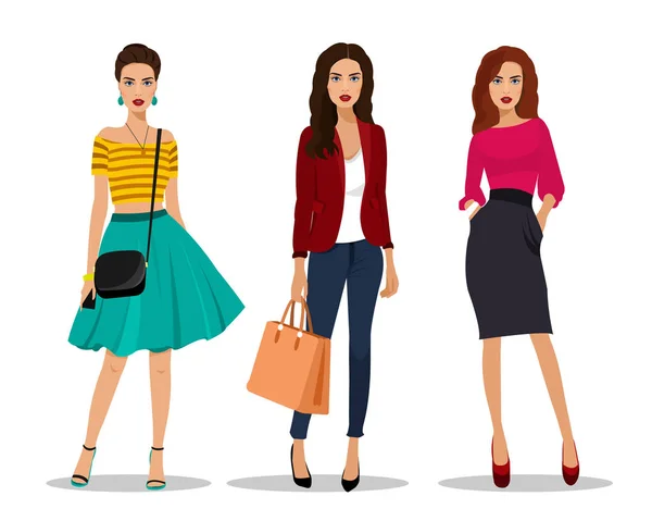 Hermosas mujeres jóvenes en ropa de moda. Personajes femeninos detallados con accesorios. Ilustración de vector de estilo plano . — Vector de stock