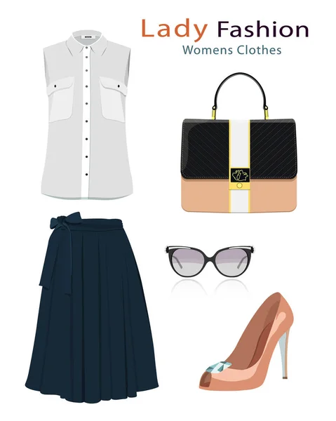 Abiti moda set con accessori. Realistico colorato abbigliamento donna dettagliata. Illustrazione vettoriale in stile piatto . — Vettoriale Stock