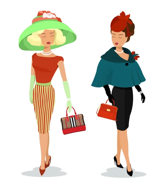 Hermosas señoritas con ropa de moda. Personajes gráficos detallados de mujeres con accesorios. Chicas elegantes de colores con bolsos y sombreros. Ilustración de vector de estilo plano aislado . — Vector de stock