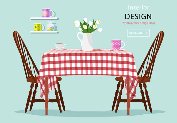 Moderno concepto gráfico vectorial de mesa de comedor con sillas, copas y flores. Cocina y café de diseño de interiores. Ilustración de vector de estilo plano. Mesa con paño a cuadros rojo y blanco . — Vector de stock