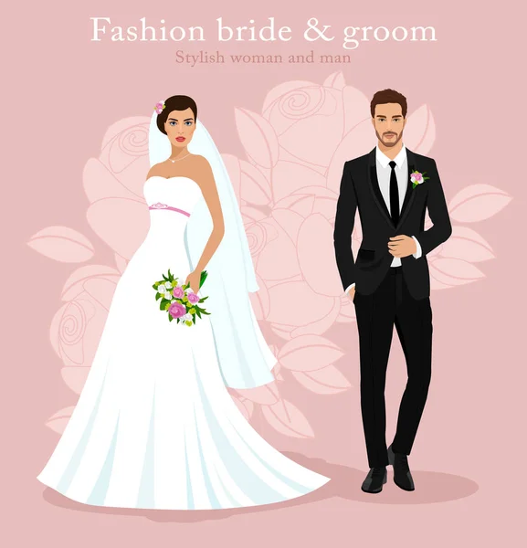 Cute young married couple: fashion beautiful bride with bouquet and handsome groom in stylish suit. Modern detailed graphic wedding set. Flat style vector illustration. — Stock Vector