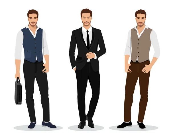 Stylish high detailed graphic businessmen set. Cartoon male characters. Men in fashion clothes. Flat style vector illustration. — Stock Vector