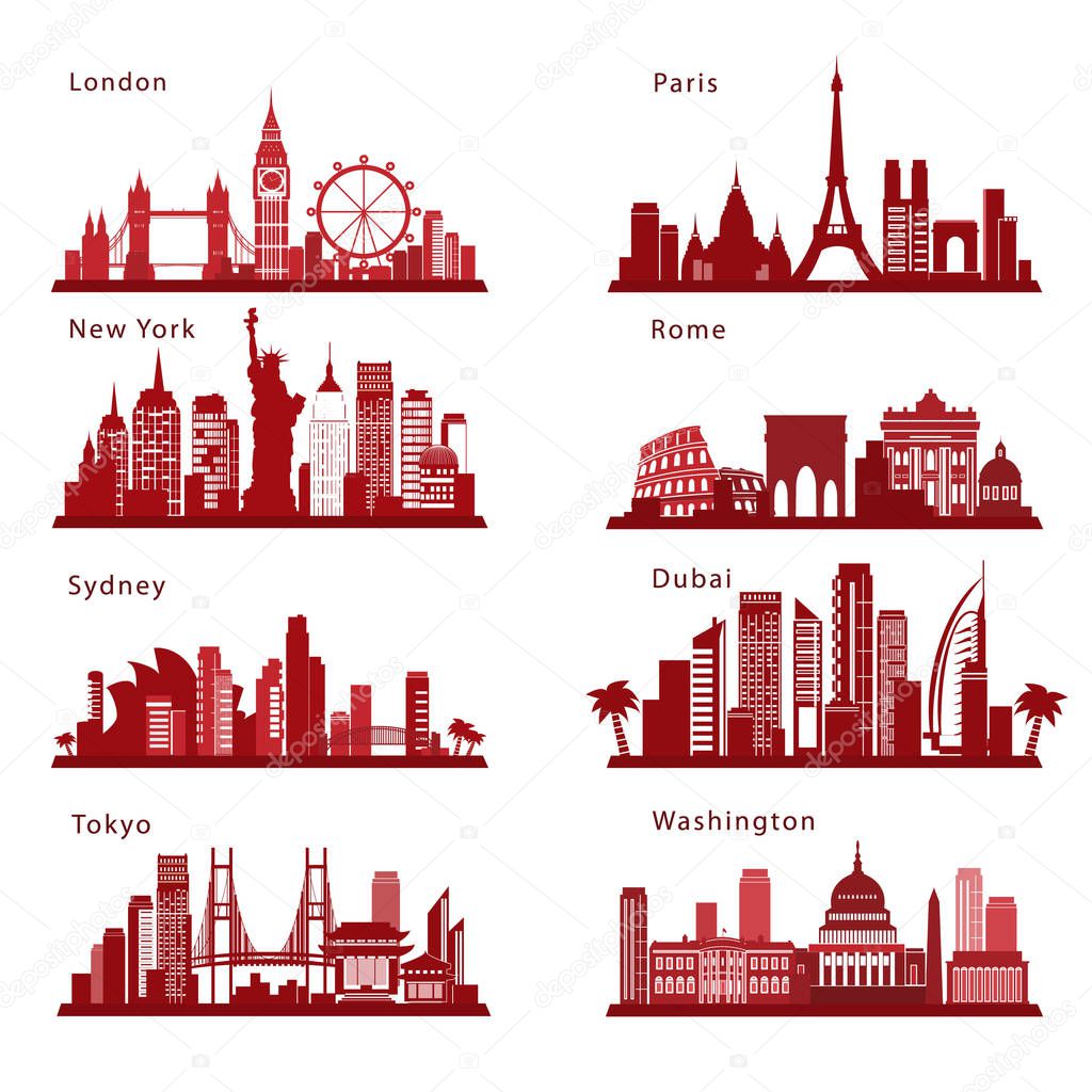 Detailed Cities skylines set with landmarks. Vector silhouettes 
