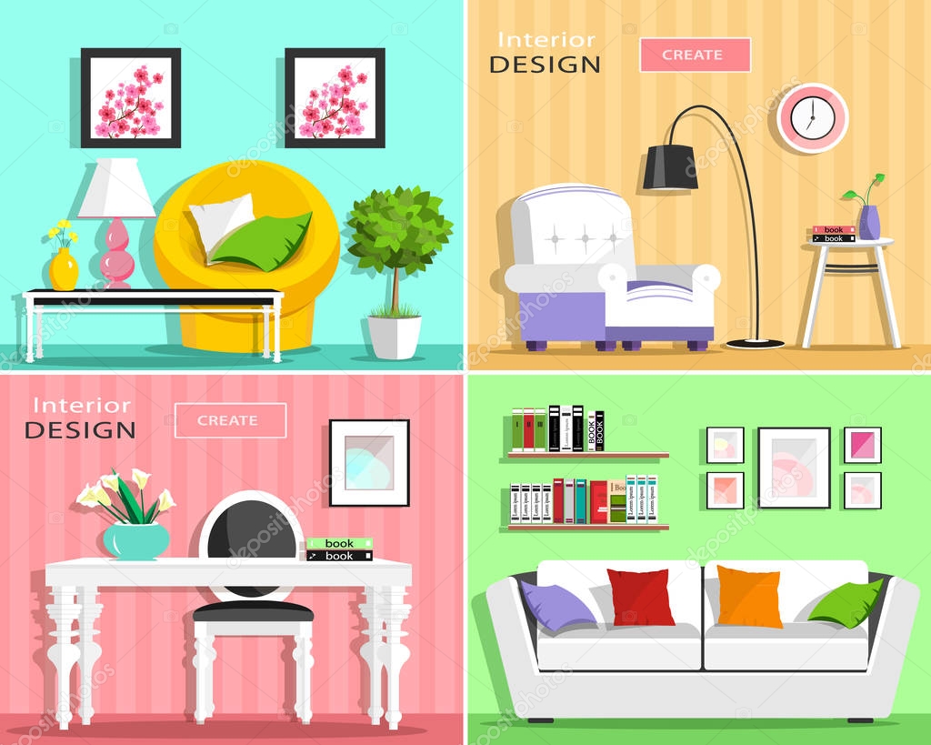 Set of modern living room interior elements: sofa, armchair, chair, table, lamp, shelves, pictures. Flat style vector illustration. 