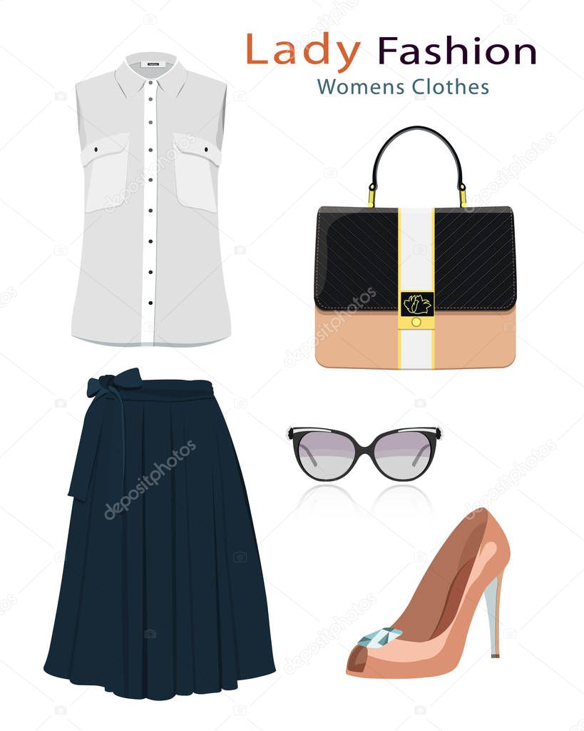 Fashion clothes set with accessories. Realistic colorful detailed woman clothing. Flat style vector illustration. 
