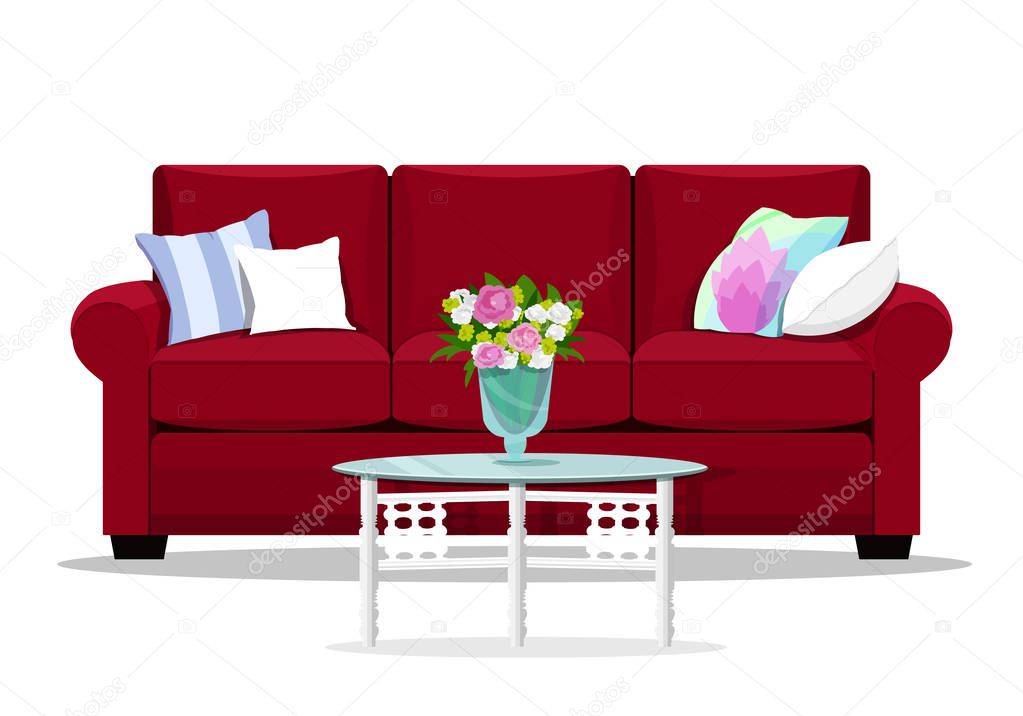 Red soft luxury style sofa with glass table for living room. Cute place for rest: couch and pillows. Flat design home furniture. Vector illustration isolated. 