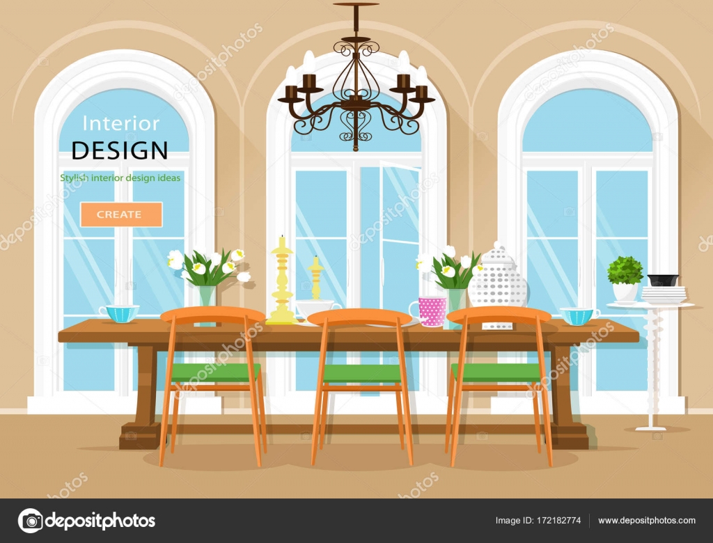 Vintage graphic dining room interior with dining table, chairs and large windows. Flat style vector illustration. Stock Vector Image by ©Marisa_ #172182774 Vintage graphic dining room interior with dining table, chairs and large windows. Flat style vector illustration. Stock Vector Image by ©Marisa_ #172182774