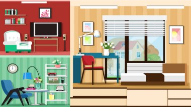 Şık Oda Mobilya modern grafik kümesi. Oda iç tasarım. Düz stil vektör çizim. 