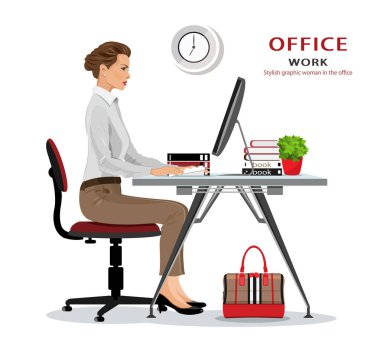 Ofis Yöneticisi: çalışma ve bilgisayar ekranına bakarak sandalye üzerinde oturan bir bayan. Çalışma iş kadını. Vektör illüstrasyon izole. 