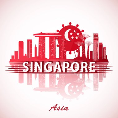 Modern Singapur City Skyline tasarımı ulusal bayrak ile. 