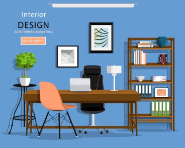 Modern grafik ofis oda iç: Danışma, sandalye, kitaplık, dizüstü bilgisayar, lamba. Düz stil vektör çizim. 