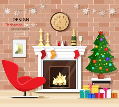 Noel odası iç Noel ağacı, şömine, koltuk, hediye kutuları ve eski saat ayarla. Vektör çizim. 
