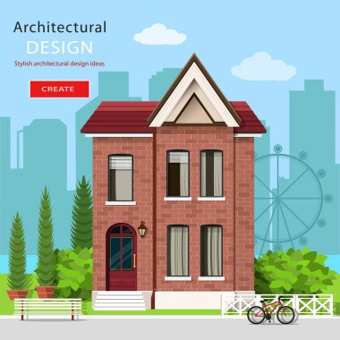 Grafik çağdaş ve lüks ev yeşil bahçesinde ve şehir arka plan ile. Avrupa modern mimari. Düz stil vektör çizim. 