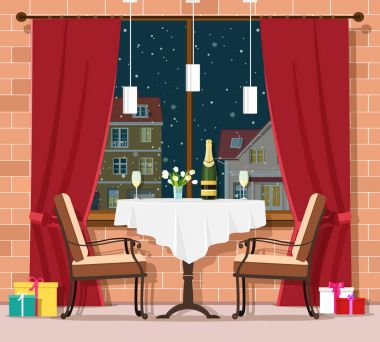 Romantik kış akşam kavramı. Şık vintage Restoran masa sandalye ile. Restoran iç Noel ve yeni yıl kutlama. Vektör çizim. 