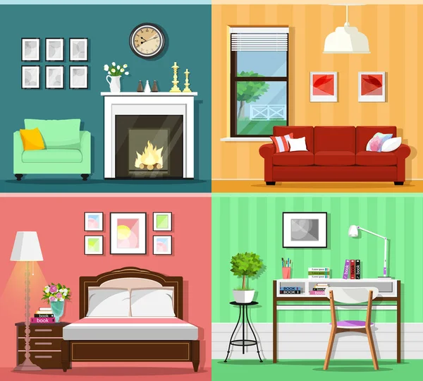 Набор красочных графических интерьеров комнаты с иконами мебели: гостиная с диваном, окном, креслом, камином; спальня с кроватью и лампой; домашний офис с письменным столом, стулом и цветочным горшком. Плоский стиль . — стоковый вектор