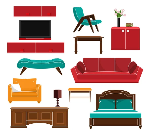 Elegante conjunto de iconos de muebles de estilo simple: sofá, mesa, sillón, silla, armario, cama. Ilustración de vector de estilo plano . — Vector de stock