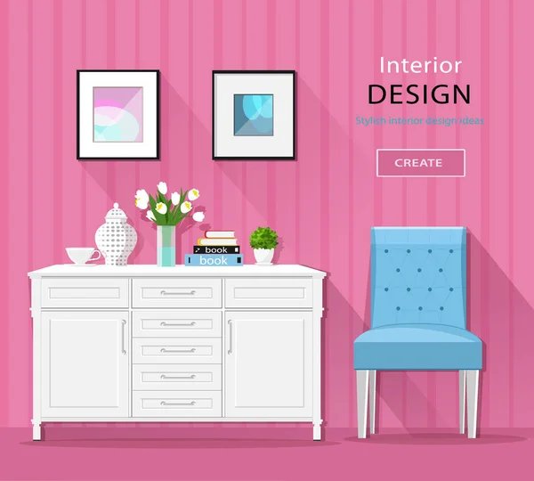 Lindo mobiliario interior elegante habitación: cómoda, silla, imágenes con largas sombras. Ilustración de vector de estilo plano . — Vector de stock