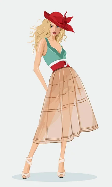 Elegante chica hermosa con ropa de moda y sombrero rojo. Mujer gráfica linda detallada. Ilustración de moda vectorial . — Vector de stock