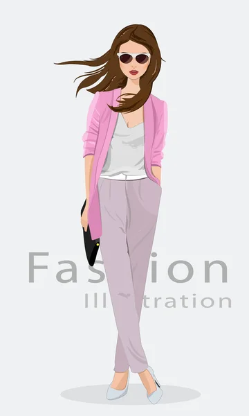 Hermosa mujer joven con ropa de moda, gafas y con bolsa. Modelo de moda. Ilustración vectorial aislada . — Vector de stock