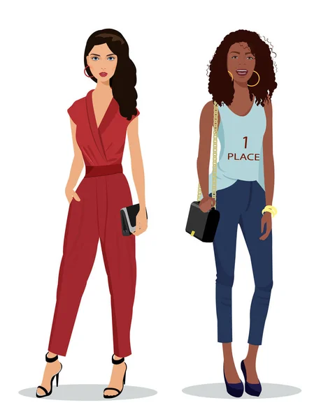 Retrato completo de duas lindas meninas vestindo roupas coloridas e elegantes. Ilustração de moda vetorial . — Vetor de Stock