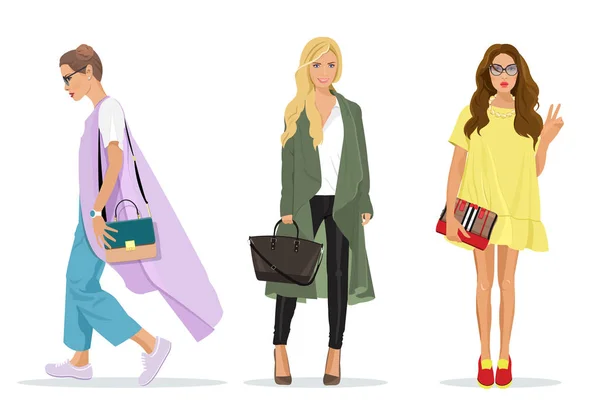 Conjunto de belas mulheres elegantes jovens em roupas de moda com acessórios. Personagens femininas detalhadas. Ilustração da moda . —  Vetores de Stock