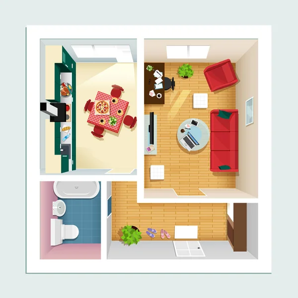 Moderne gedetailleerde plattegrond appartement met keuken, woonkamer, badkamer en hall. Bovenaanzicht van appartement interieur. Vector platte projectie. Meubels icons set. — Stockvector