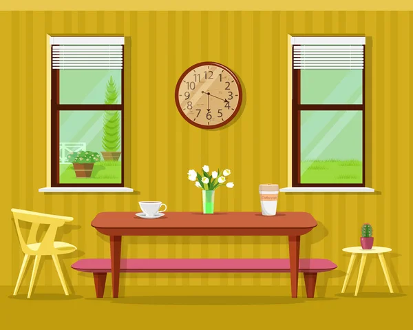 Lindo comedor moderno interior: mesa con tazas de café y flores, sillas, reloj y ventanas. Set de muebles de cocina vectorial . — Archivo Imágenes Vectoriales