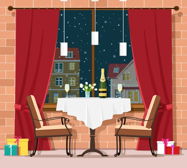 Romantischer Winterabend. stilvoller alter Restauranttisch mit Stühlen. Weihnachts- und Neujahrsfeier im Inneren des Restaurants. Vektorillustration. — Stockvektor