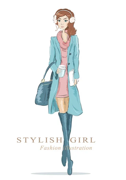 Uno sketch di moda. Disegno donna con borsa e tazza di caffè. Illustrazione vettoriale . — Vettoriale Stock