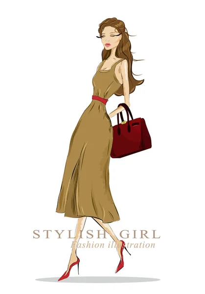 Hermosa mujer de dibujo elegante con bolsa. Aspecto de moda detallada. Ilustración vectorial . — Archivo Imágenes Vectoriales