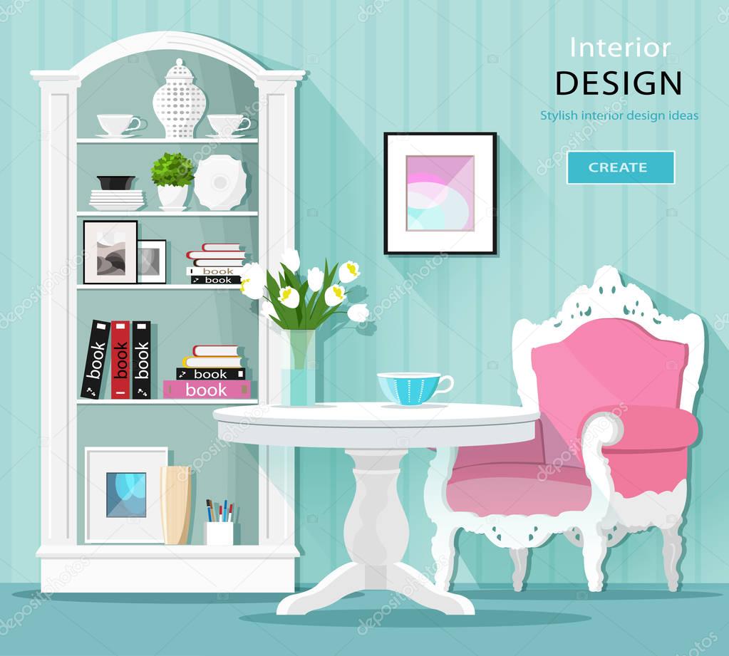 Cute stylish graphic room decor. Light colored room interior with table, armchair and cupboard. Flat style vector illustration. 