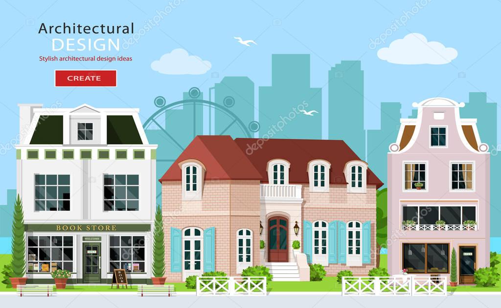 Modern graphic architectural design. Cute european buildings: private houses, cafe and stores. House facades. Flat style vector illustration. 