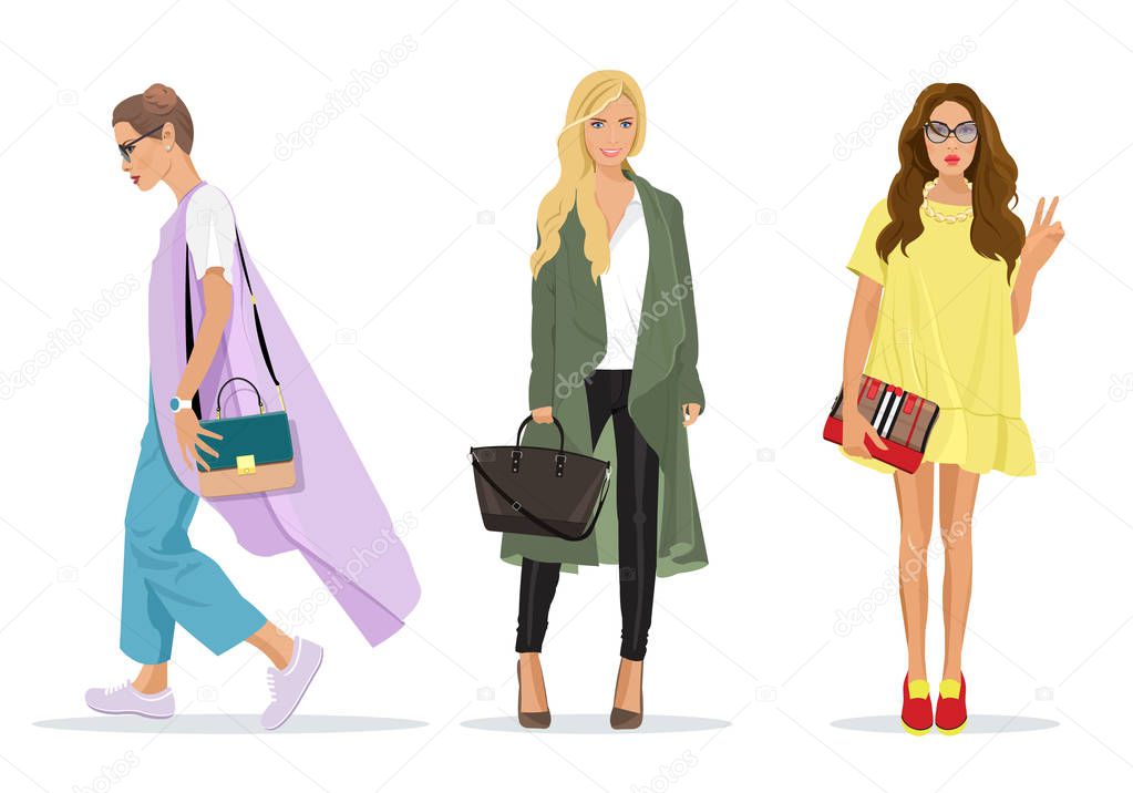 Set of beautiful young stylish women in fashion clothes with accessories. Detailed female characters. Fashion illustration. 