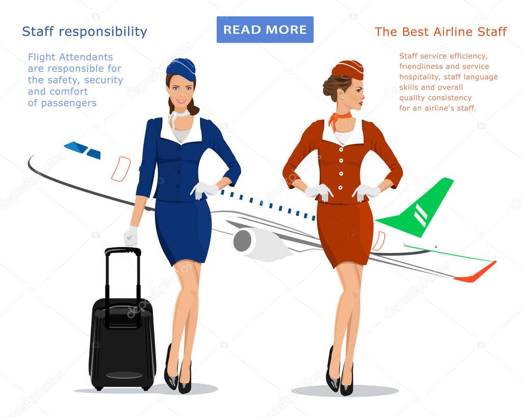 Flight attendants vector concept for web banner: stewardess in blue uniform with suitcase, stewardess in red suit and flying plane on background. Beautiful young women. Vector illustration. 