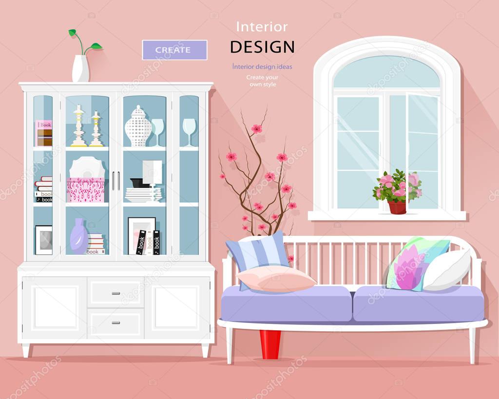 Stylish graphic room interior with pastel colors: sofa, cupboard and window. Cute room set. Vector illustration. 