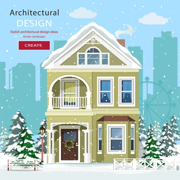 Vista frontale della casa suburbana in nevicata. Graziosa casa grafica con alberi. Paesaggio invernale con sfondo urbano. Illustrazione vettoriale in stile piatto . — Vettoriale Stock