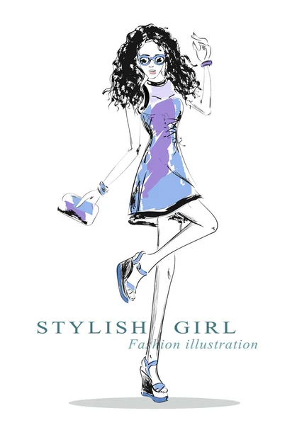 Fashion graphic dancing disco girl. Sketch girl. Vector illustration. — Stock Vector