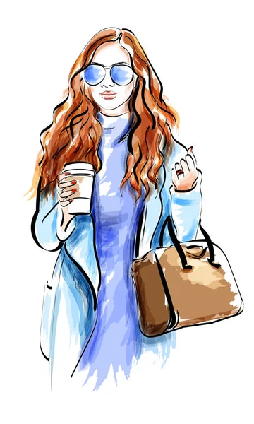 Linda chica del boceto con accesorios. Señora de la moda en gafas de sol. Ilustración vectorial . — Vector de stock